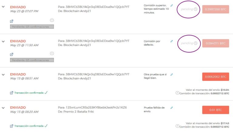 Transferencias pendientes en blockchain wallet